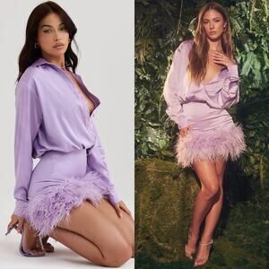 House of CB Tyra Orchid Satin Feather Shirt Dress Size XS